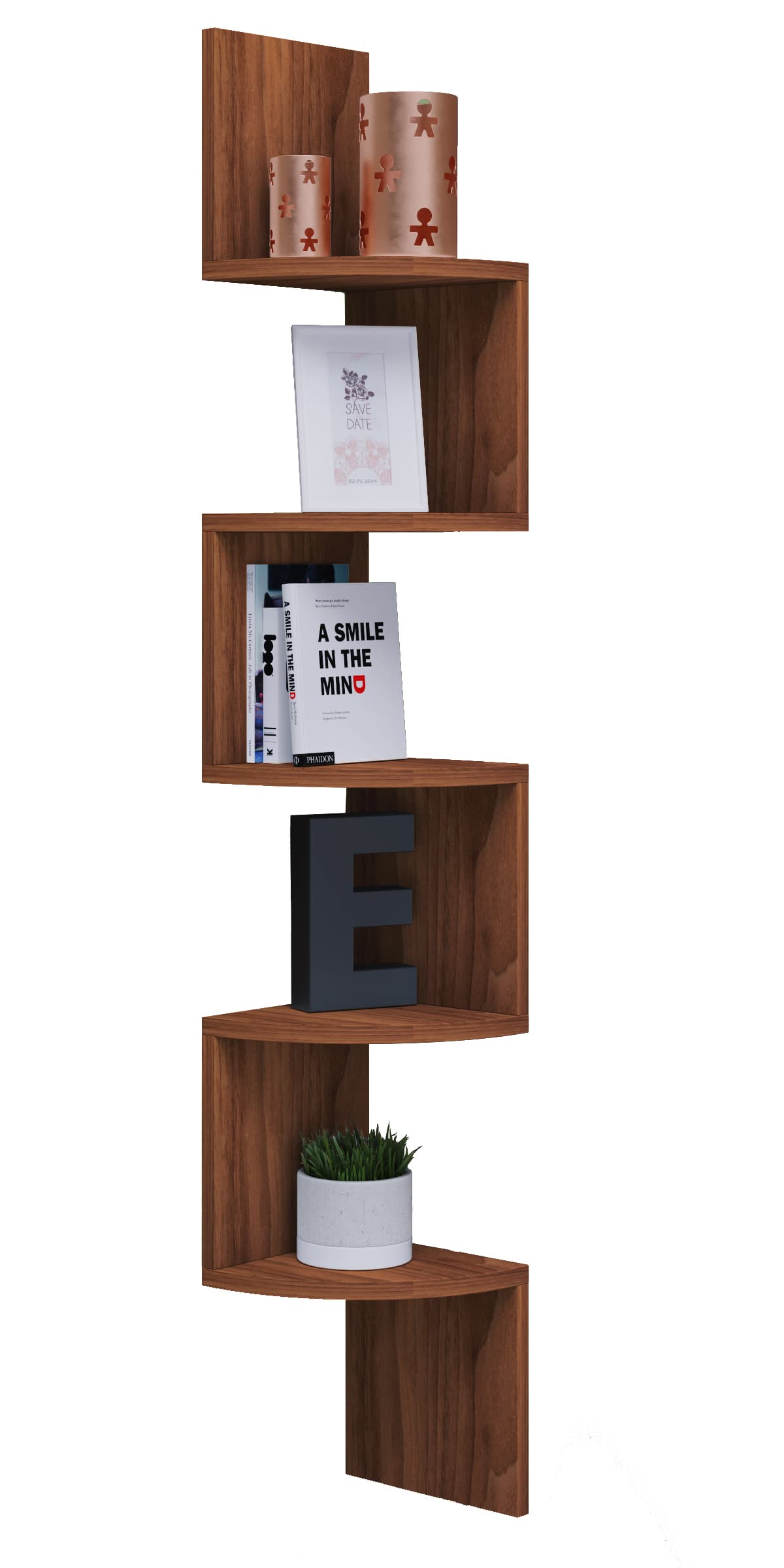 Mintis Regal ,Eckregal mit 5 Regalen Kern-Nussbaum dekor.