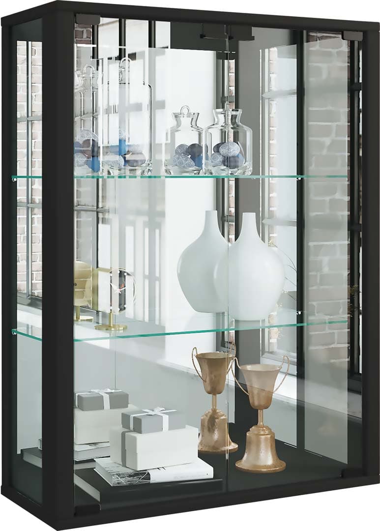 Udina Vitrinenschrank wandhängend mit Spiegel 2 Glastüren Inkl. LED-Leuchten schwarz.