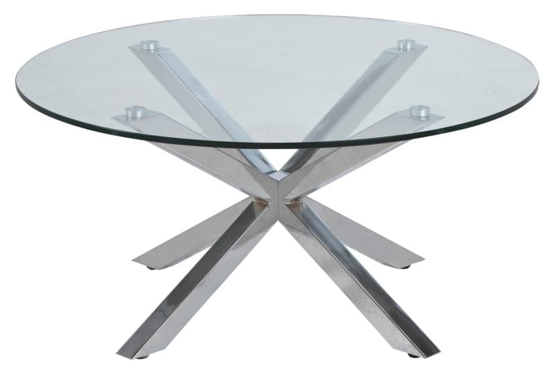 Helium Wohnzimmertisch mit Tischplatte aus klaren Glas und Chrome Gestell.