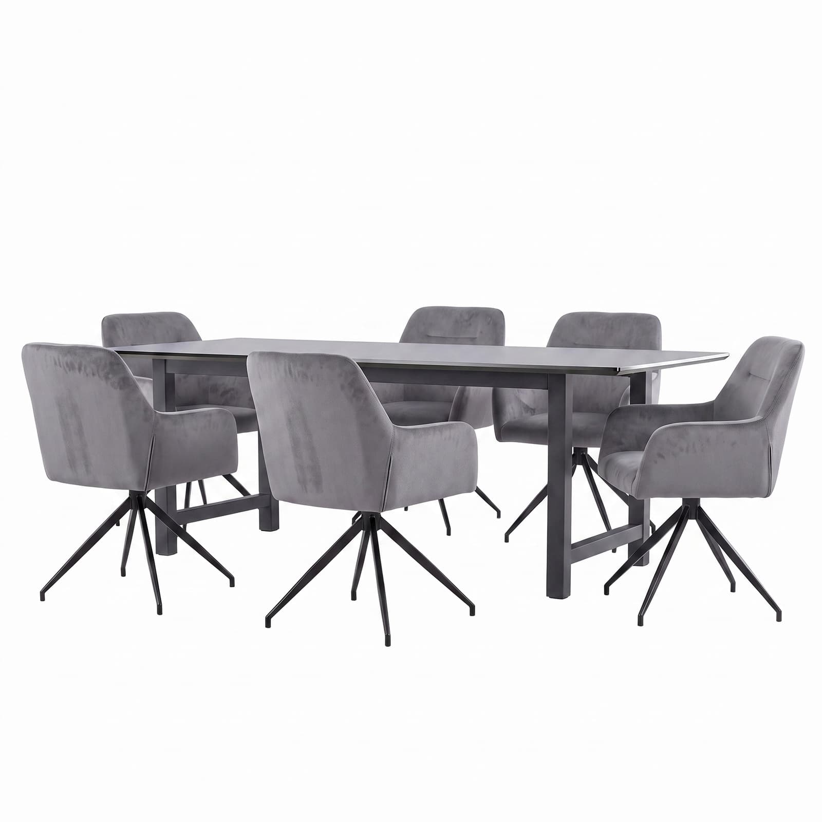 Oslo Essgruppe Tisch 100x220cm schwarz und 6 Moon Stühle Velours grau.