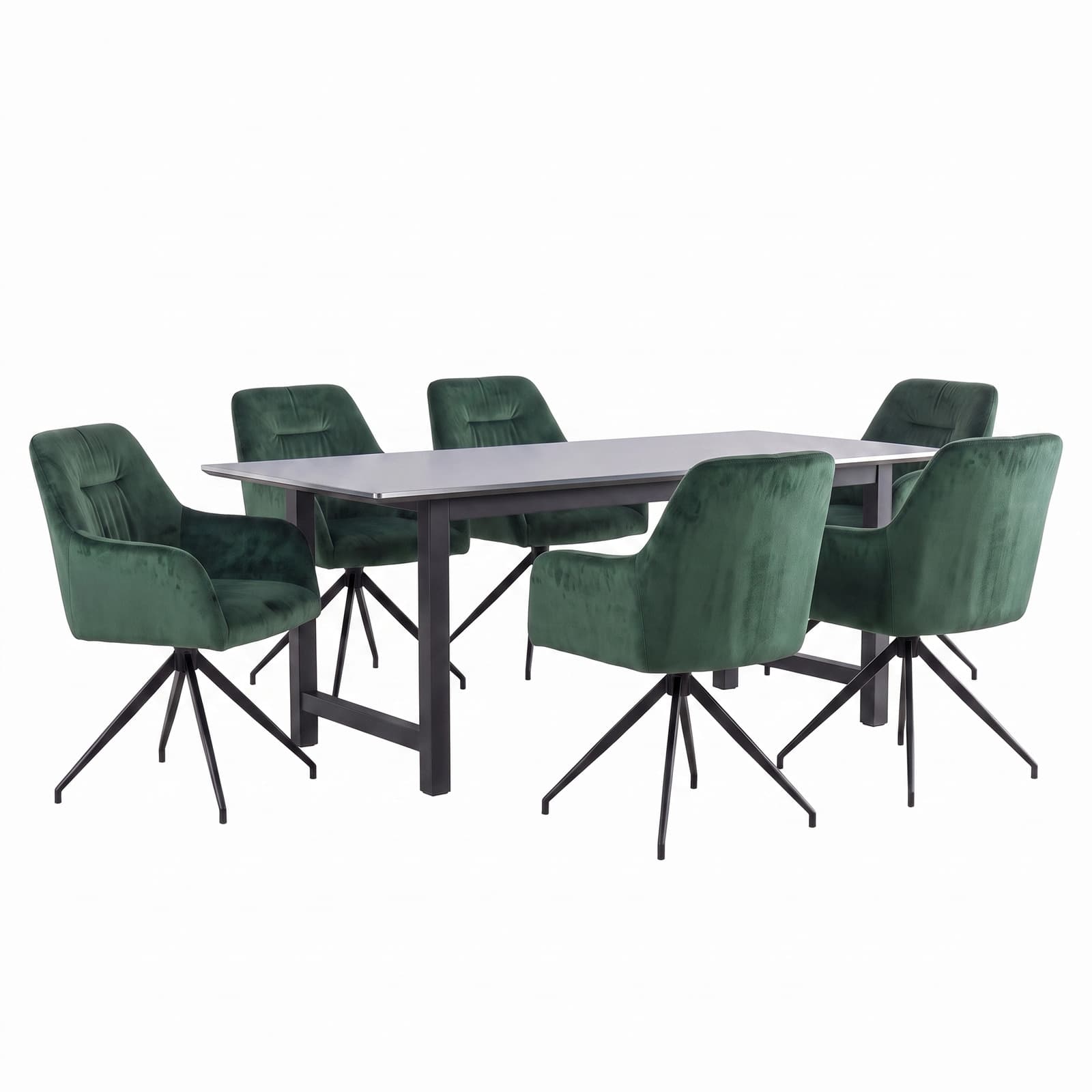 Oslo Essgruppe Tisch 100x220cm schwarz und 6 Moon Stühle Velours grün.