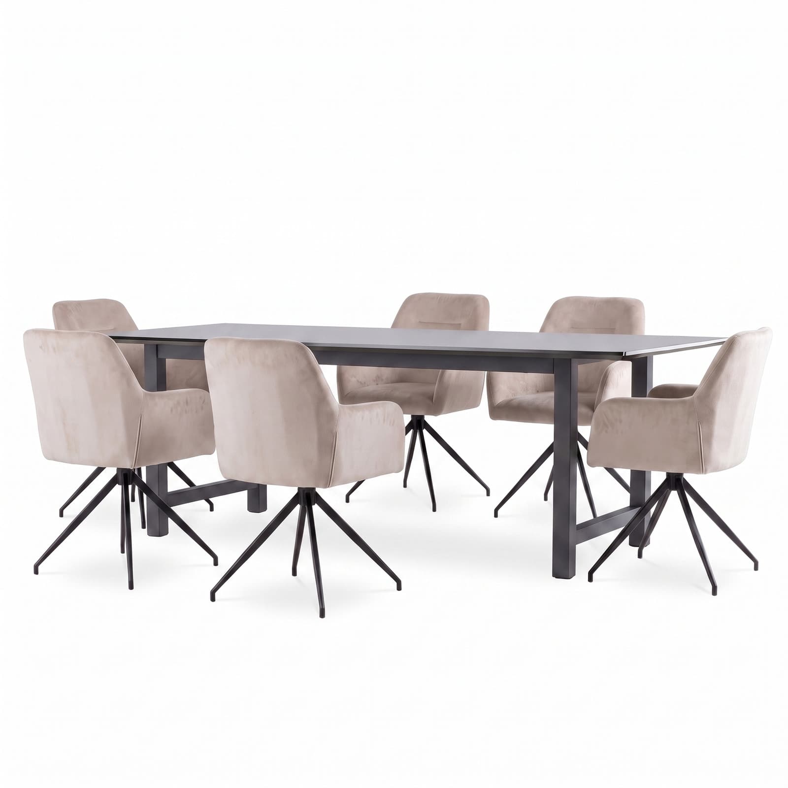Oslo Essgruppe Tisch 100x220cm schwarz und 6 Moon Stühle Velours beige.