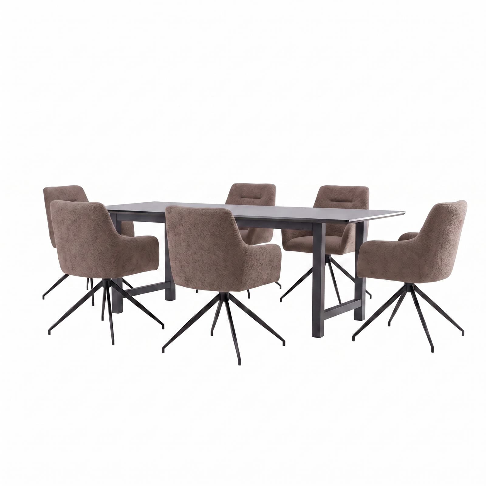 Oslo Essgruppe Tisch 100x220cm schwarz und 6 Moon Stühle boucle braun.