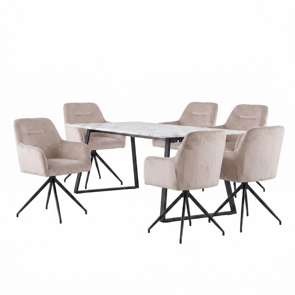 Malaga Essgruppe Tisch 90x200cm Marmor weiß und 6 Moon Stühle Velours beige.