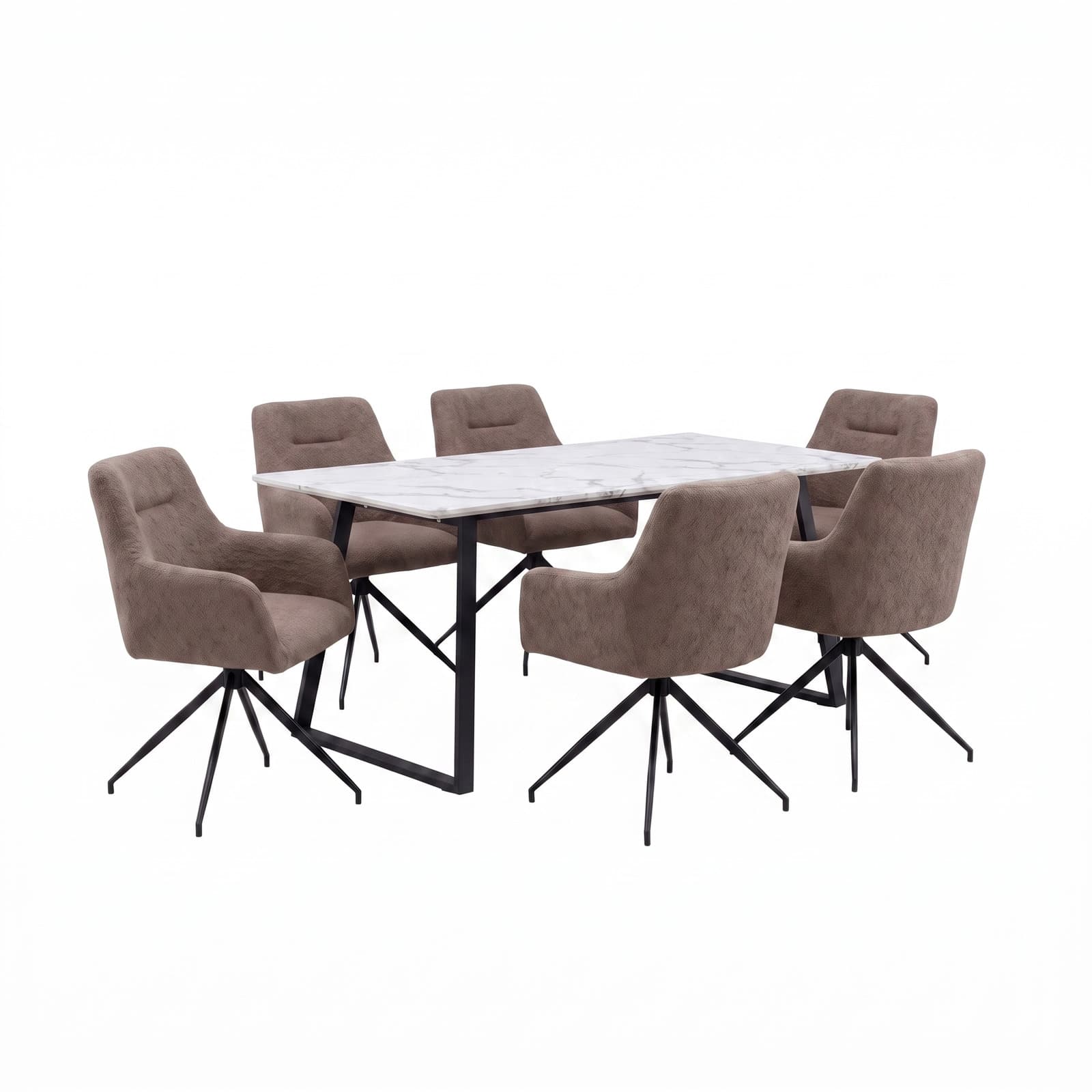 Malaga Essgruppe Tisch 90x200cm Marmor weiß und 6 Moon Stühle boucle braun.