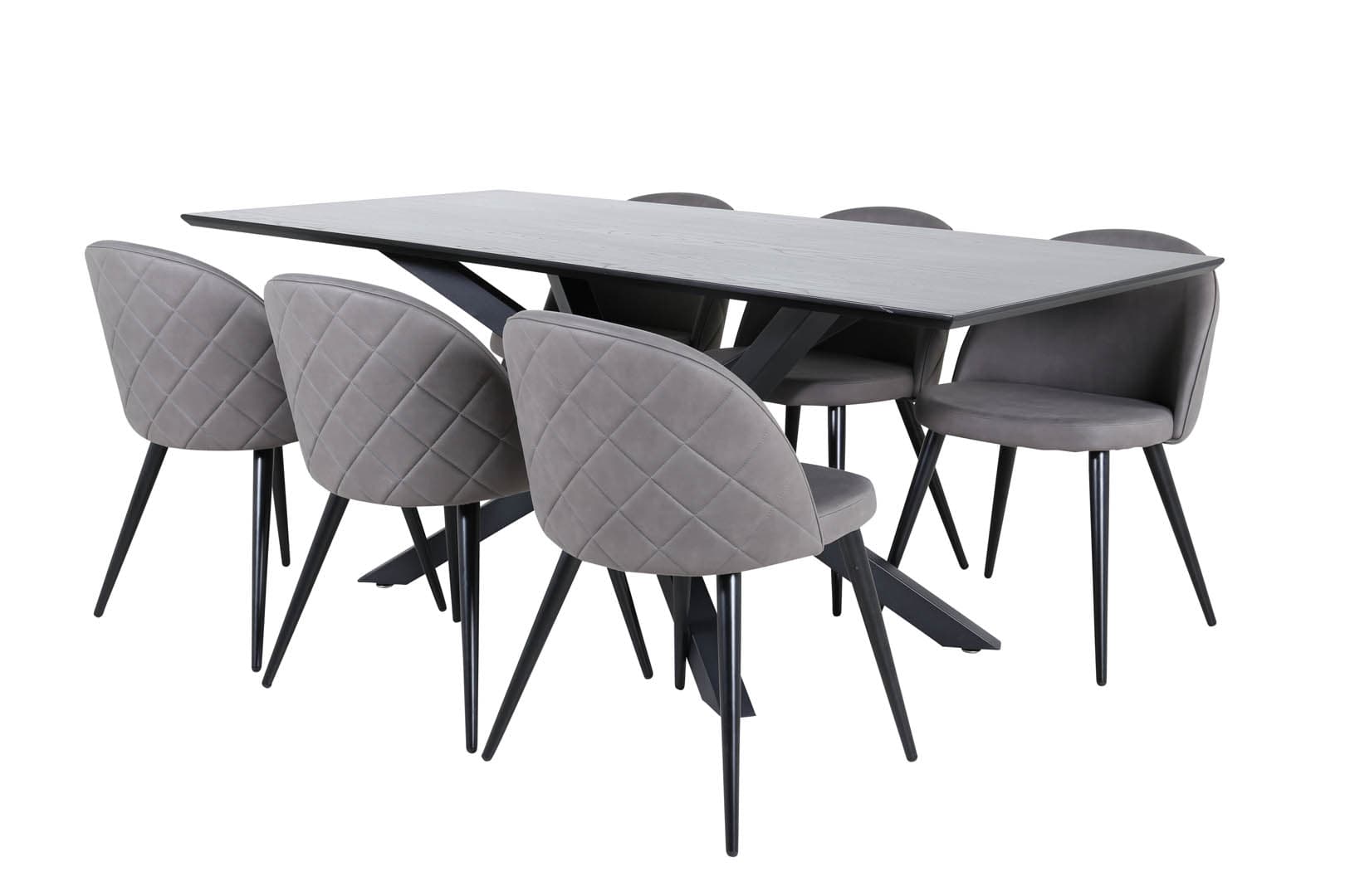 PiazzaBLBL Essgruppe Esstisch schwarz und 6 Velvet Stitches Esszimmerstühle grau.