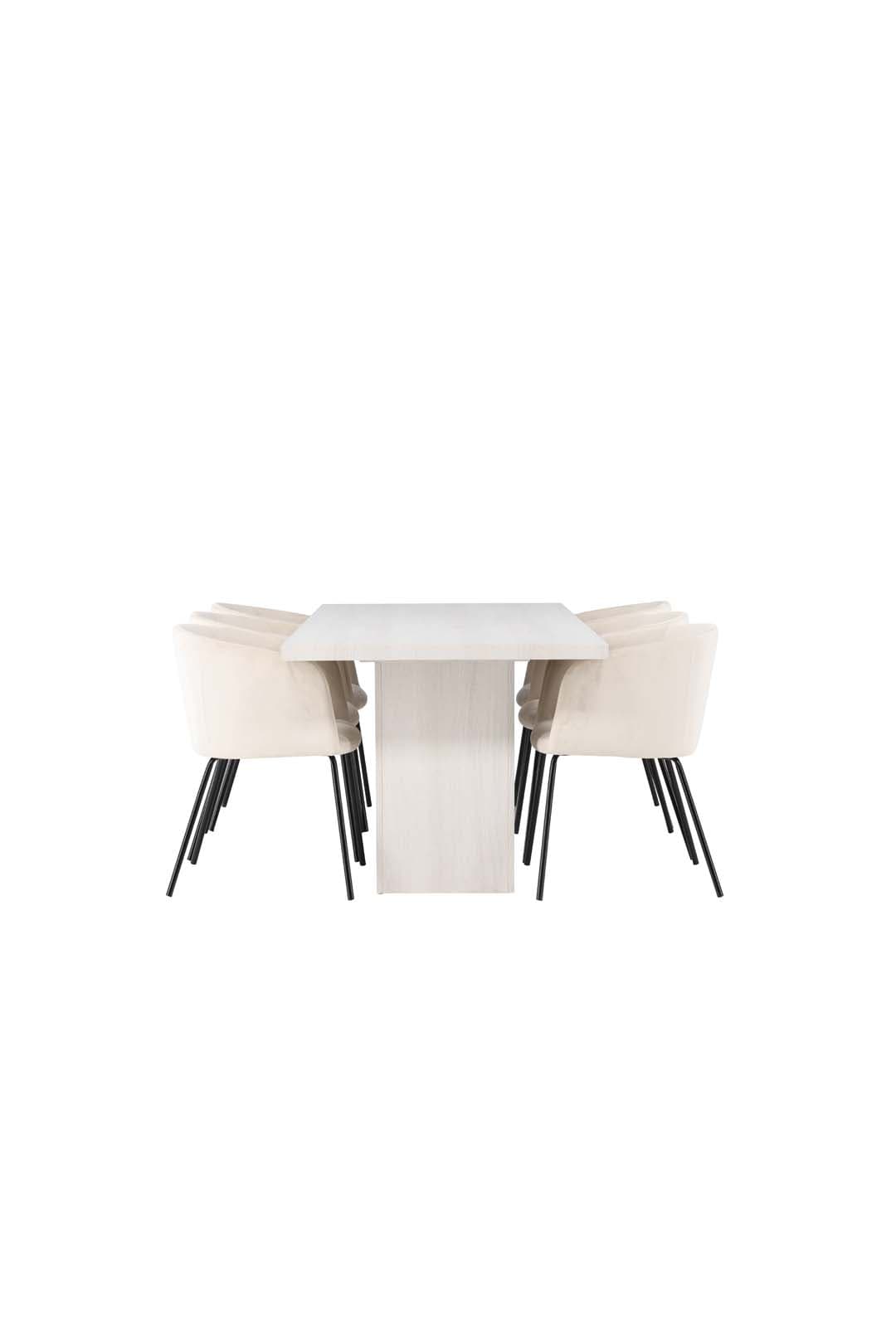 Olga Essgruppe Tisch weiß und 6 berit Stühle beige.