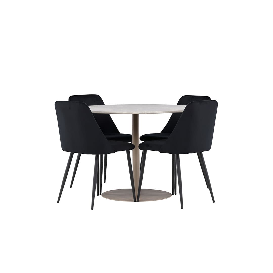Lycke Essgruppe Tisch Ø110cm und 4 Velours Stühle beige.