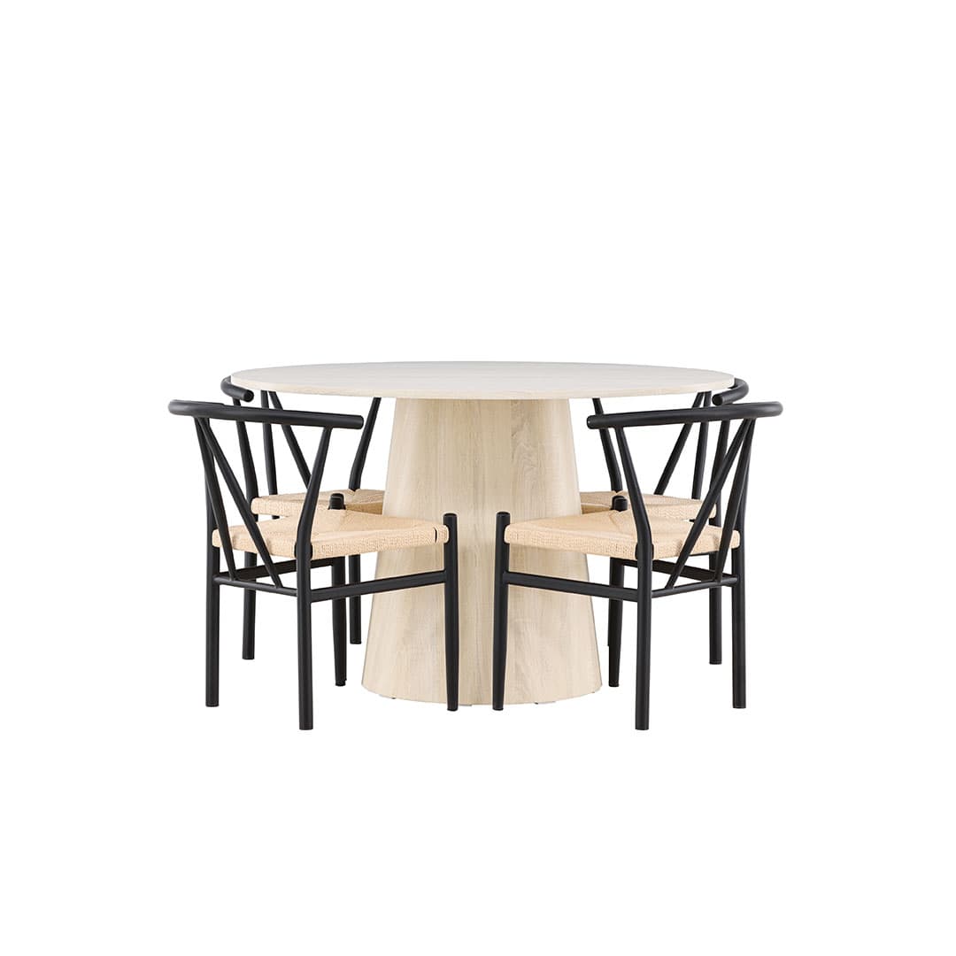 Lanzo Essgruppe Tisch Ø120cm und 4 Stühle mit Armlehnen stapelbar whitewash.
