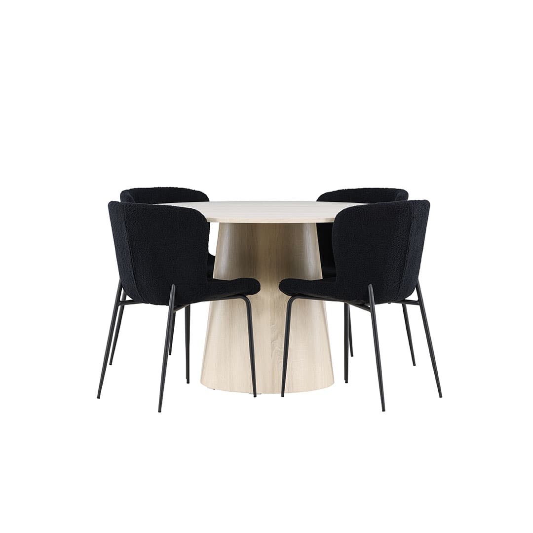 Lanzo Essgruppe Tisch Ø120cm und 4 Teddy Stühle whitewash.