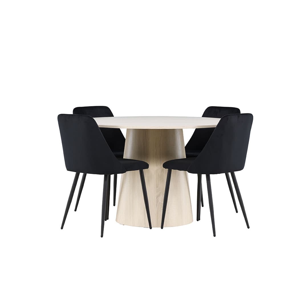 Lanzo Essgruppe Tisch Ø120cm und 4 Velours Stühle whitewash.