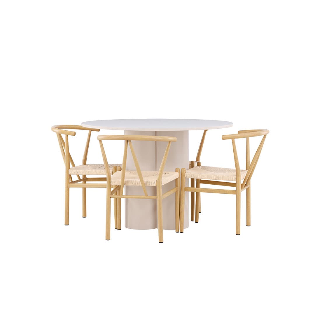 Olivia Essgruppe Tisch Ø110cm und 4 Stühle mit Armlehnen stapelbar beige.