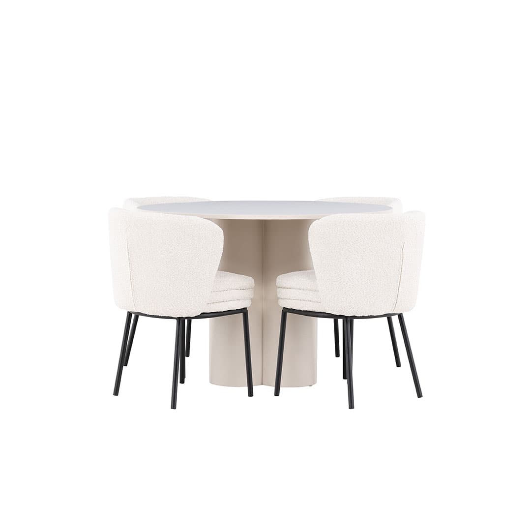 Olivia Essgruppe Tisch Ø110cm und 4 Boucle Stühle beige.