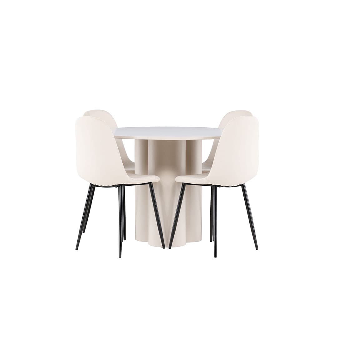 Olivia Essgruppe Tisch Ø110cm und 4 Velours Stühle beige.