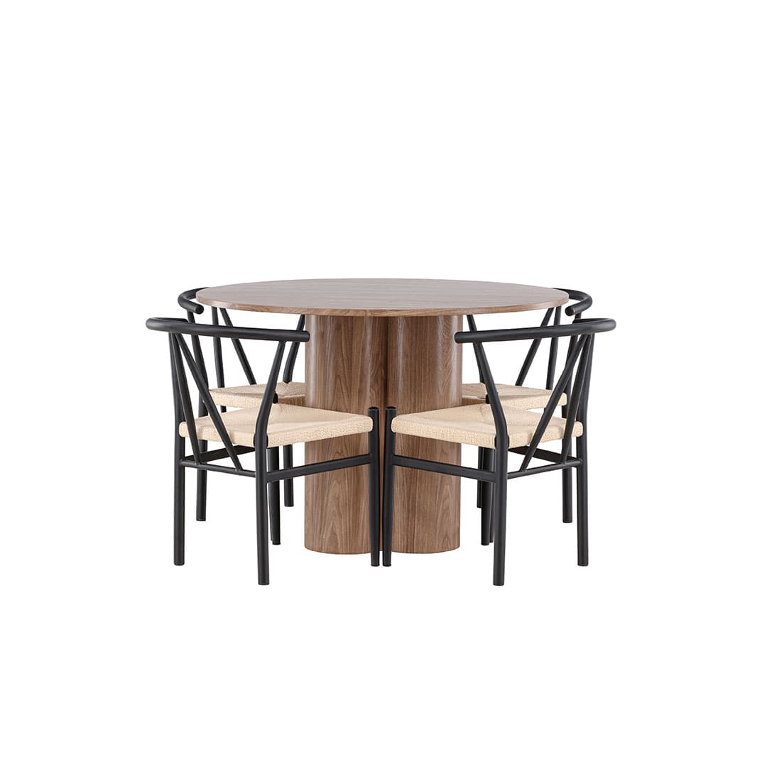 Olivia Essgruppe Tisch Ø110cm und 4 Stühle mit Armlehnen stapelbar braun.