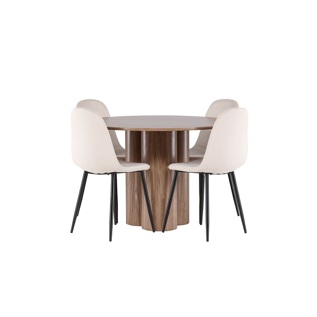 Olivia Essgruppe Tisch Ø110cm und 4 Velours Stühle braun.