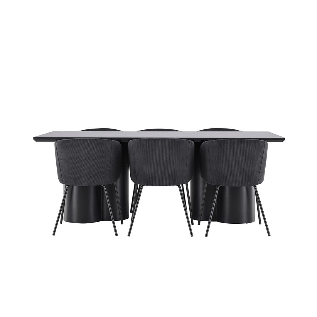 Olivia Essgruppe Tisch 100x210cm und 6 Velours Stühle mit Armlehnen schwarz.