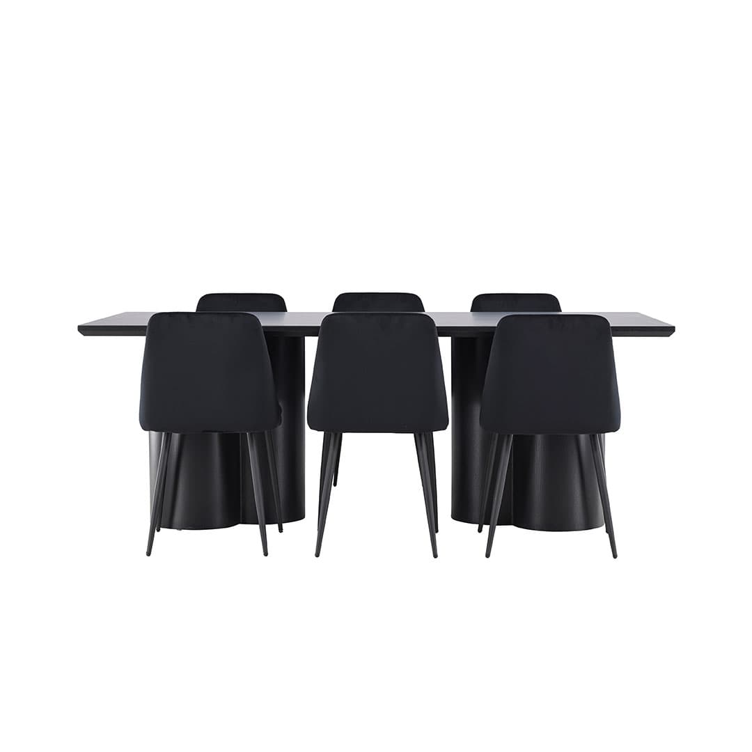 Olivia Essgruppe Tisch 100x210cm und 6 Velours Stühle schwarz.