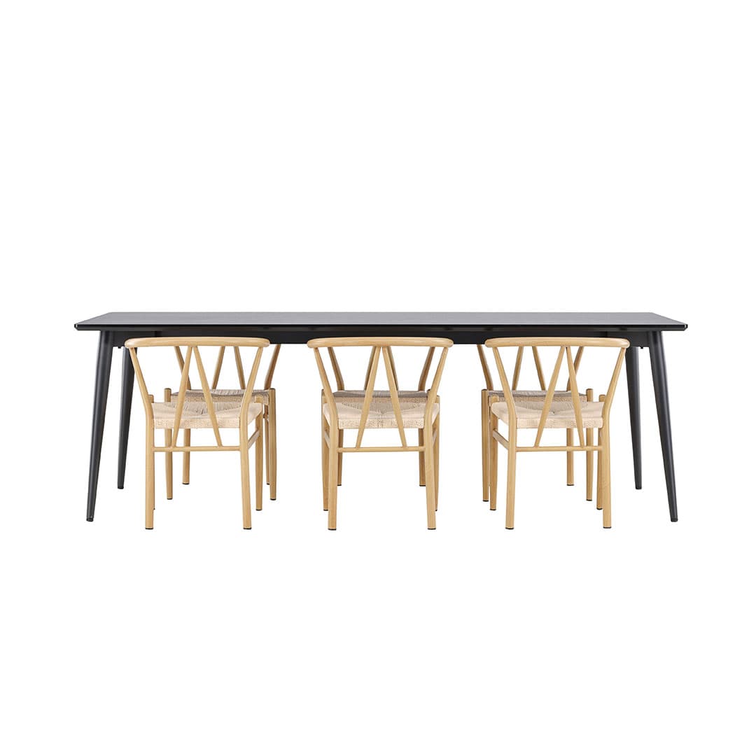 Ellis Essgruppe Tisch 85x230cm und 6 Rattan Stühle mit Armlehnen stapelbar schwarz.