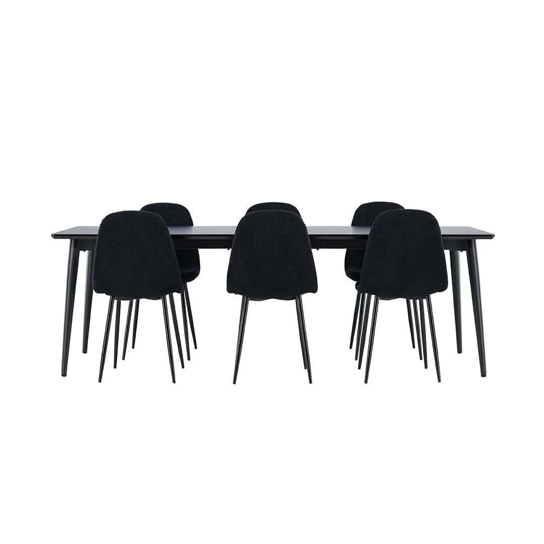 Ellis Essgruppe Tisch 85x230cm und 6 Teddy Stühle schwarz.