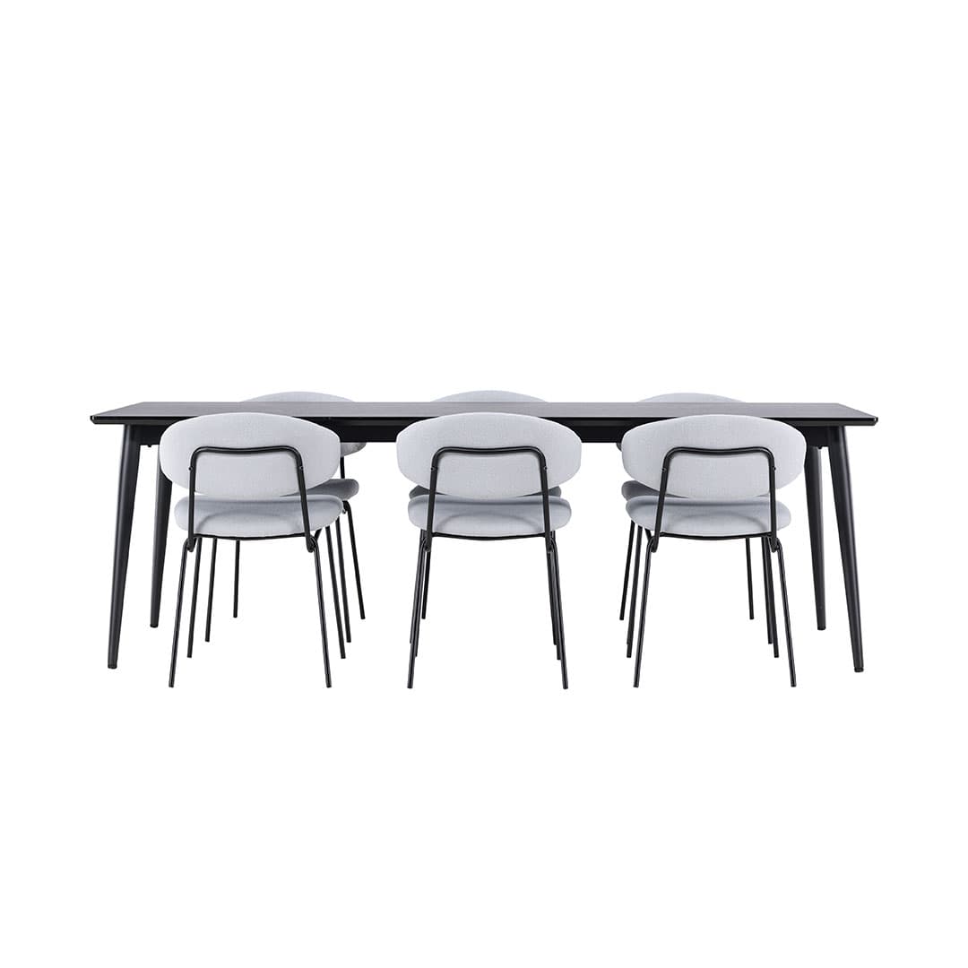 Ellis Essgruppe Tisch 85x230cm und 6 Boucle Stühle schwarz.