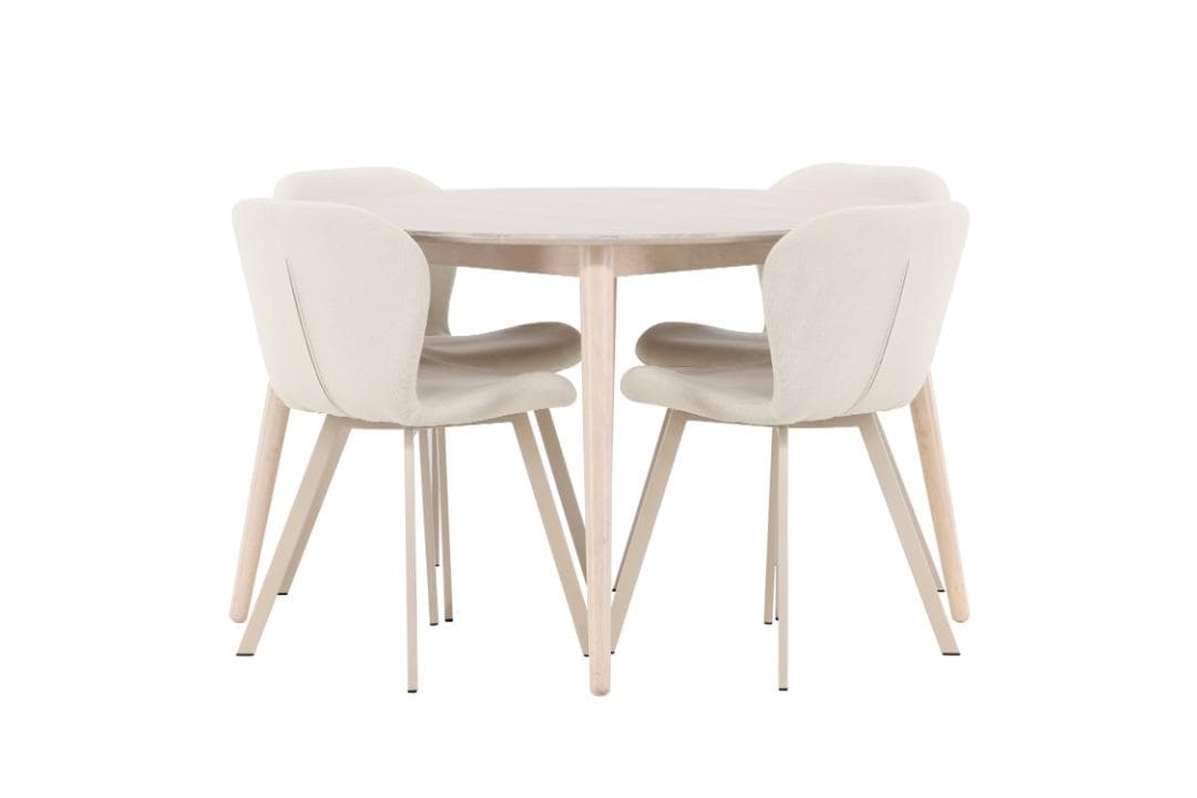 Flora Essgruppe Tisch Ø120cm und 4 Stühle whitewash, beige.