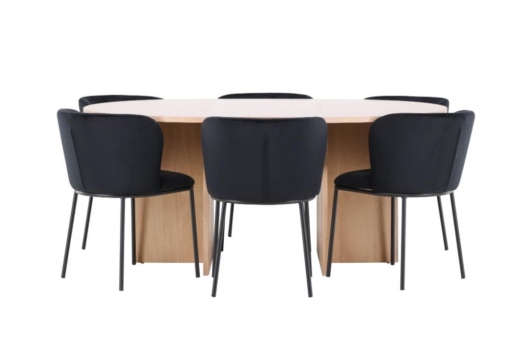 Strada Essgruppe Ausziehtisch Ø120cm, 170cm und 6 Stühle whitewash, schwarz.