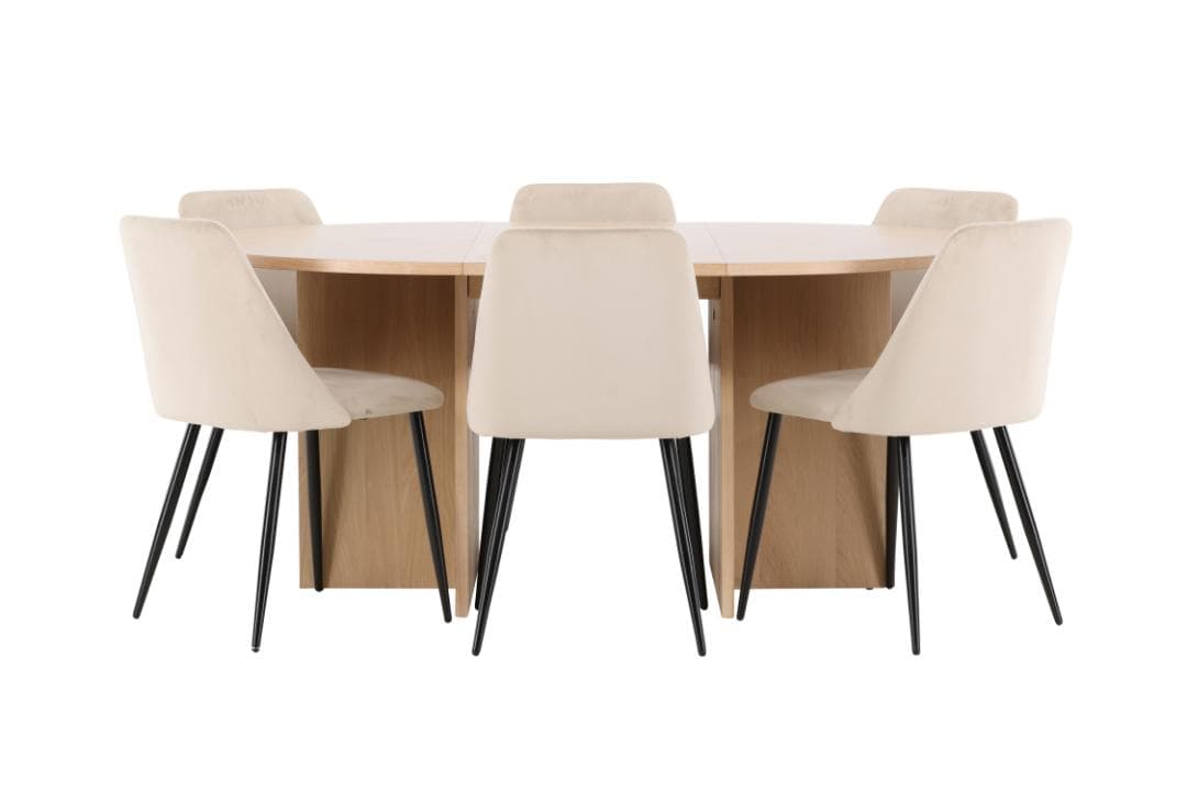 Strada Essgruppe Ausziehtisch Ø120cm, 170cm und 6 Stühle whitewash, beige.