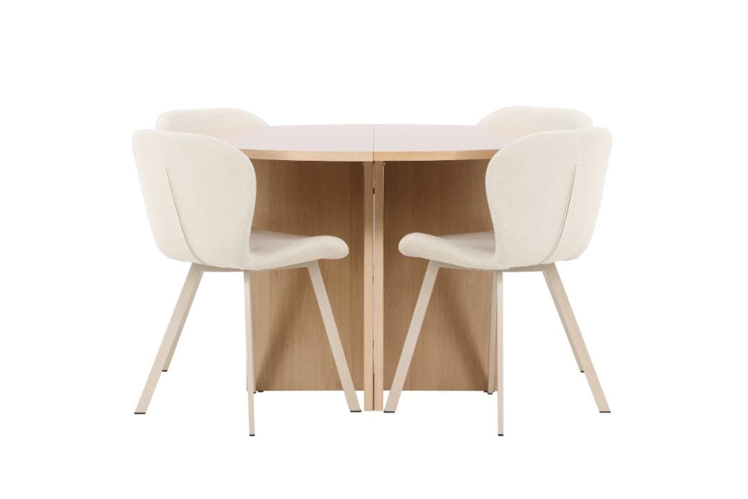 Strada Essgruppe Ausziehtisch Ø120cm, 170cm und 4 Stühle whitewash, beige.