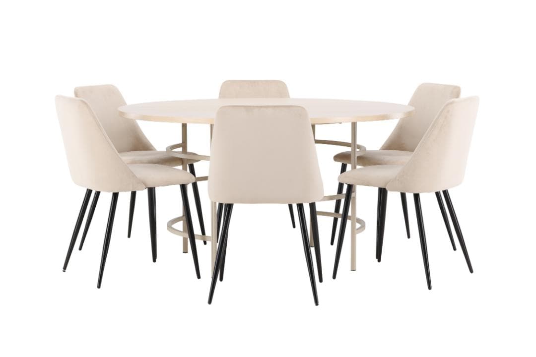 Copenhagen Essgruppe Tisch Ø140cm und 6 Stühle whitewash, beige.