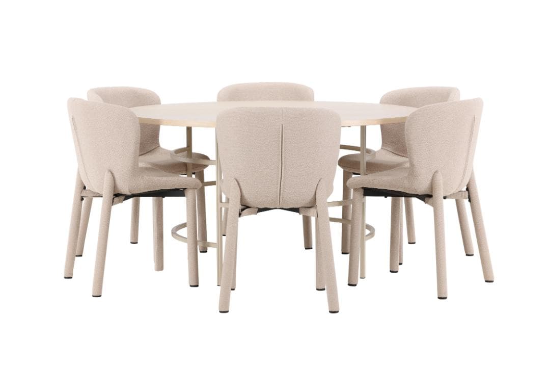Copenhagen Essgruppe Tisch Ø140cm und 6 Stühle whitewash, beige.