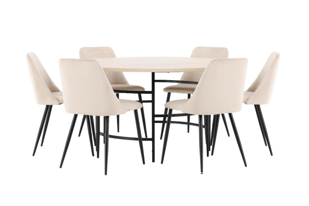 Copenhagen Essgruppe Tisch Ø140cm und 6 Stühle whitewash, beige.