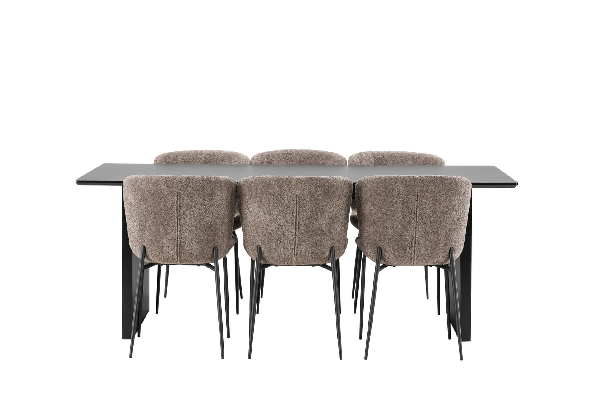 Vail Essgruppe Esstisch schwarz 6 Stühle Bouclé braun.