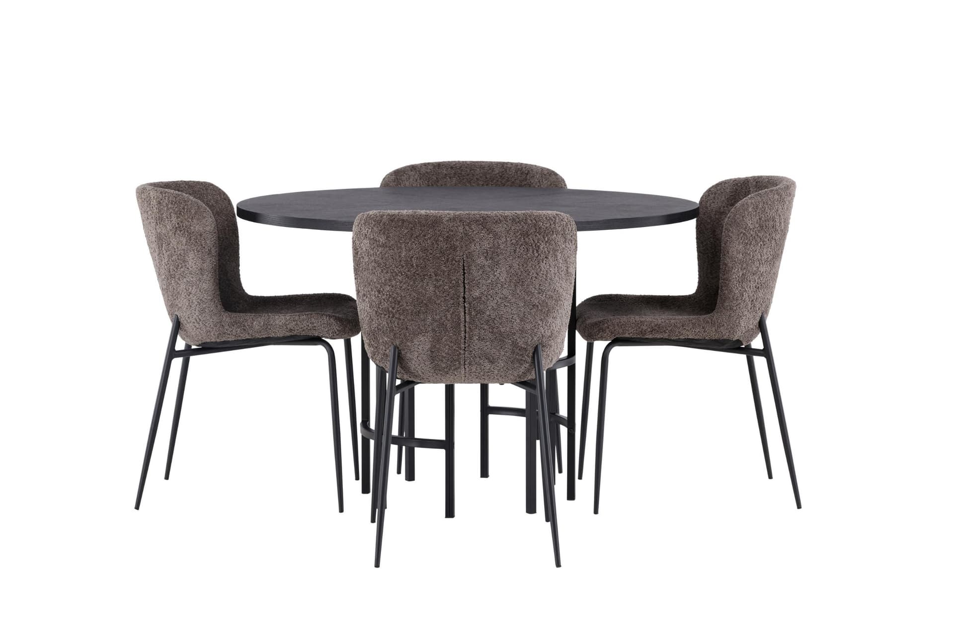 Copenhagen Essgruppe Esstisch schwarz 4 Stühle Bouclé braun.