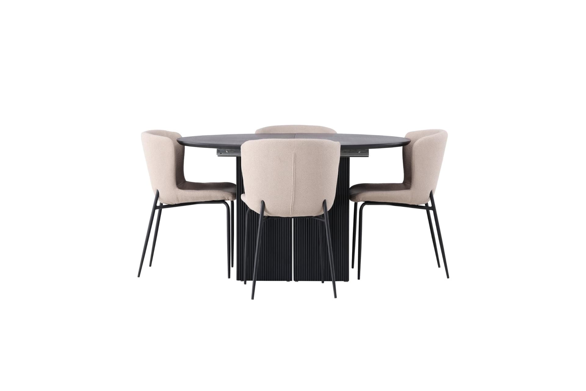 Matilda Essgruppe Esstisch mit Auszug schwarz 4 Stühle Bouclé beige.