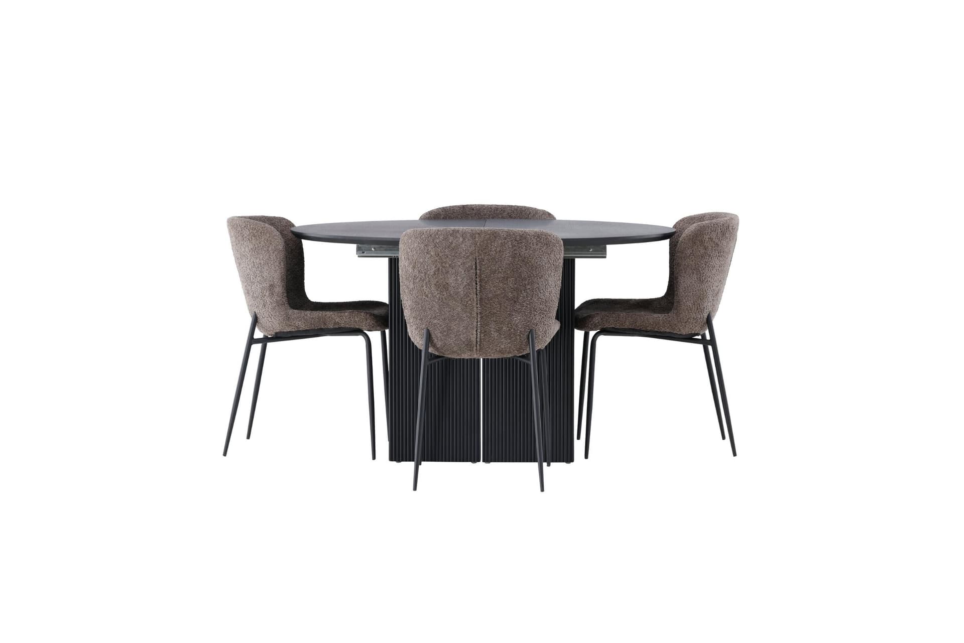Matilda Essgruppe Esstisch mit Auszug schwarz 4 Stühle Bouclé braun.