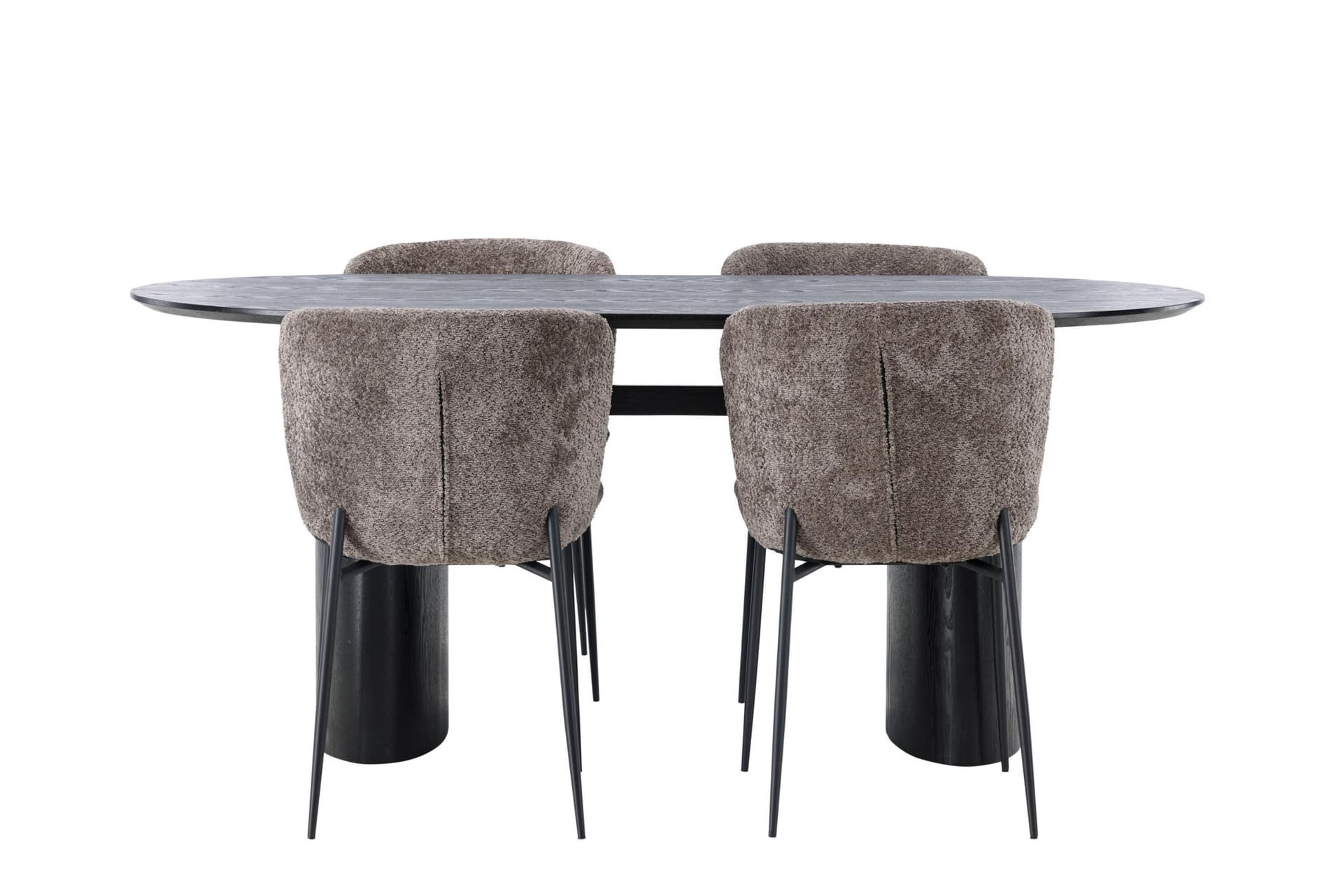 Isolde Essgruppe Esstisch schwarz 4 Stühle Bouclé braun.