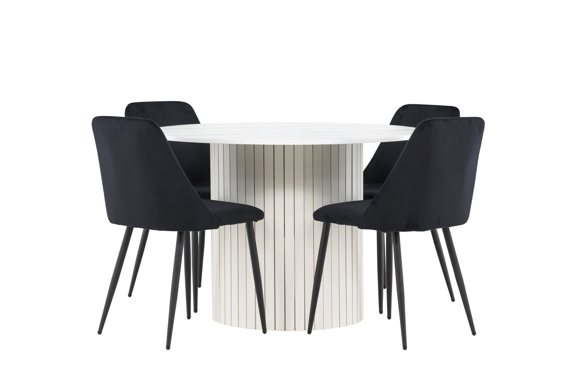 Härön Essgruppe Esstisch weiß 4 Stühle Velours schwarz.