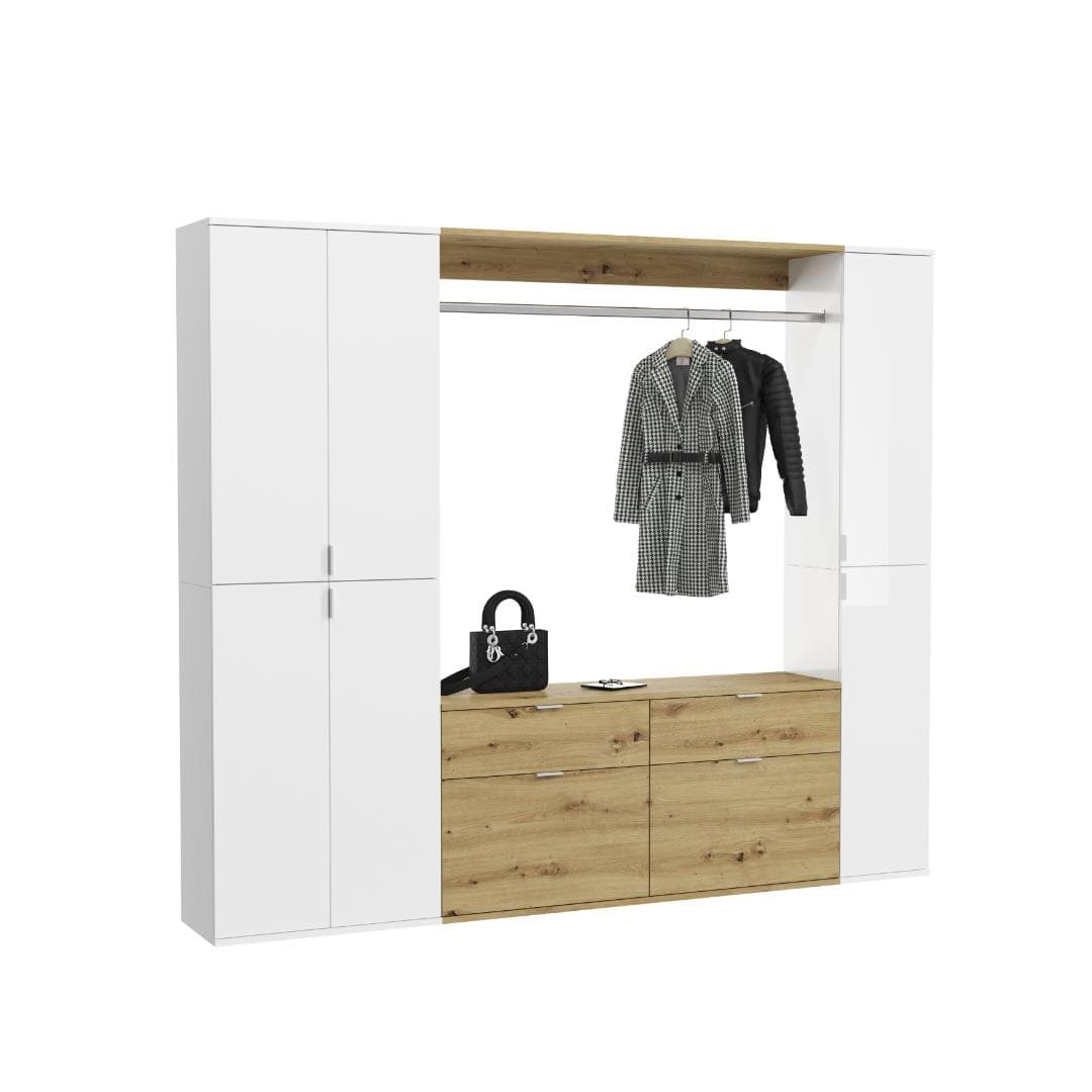 ProjektX Garderobenmöbel Set P14 Weiß hochglanz, weiß, Eiche Dekor.