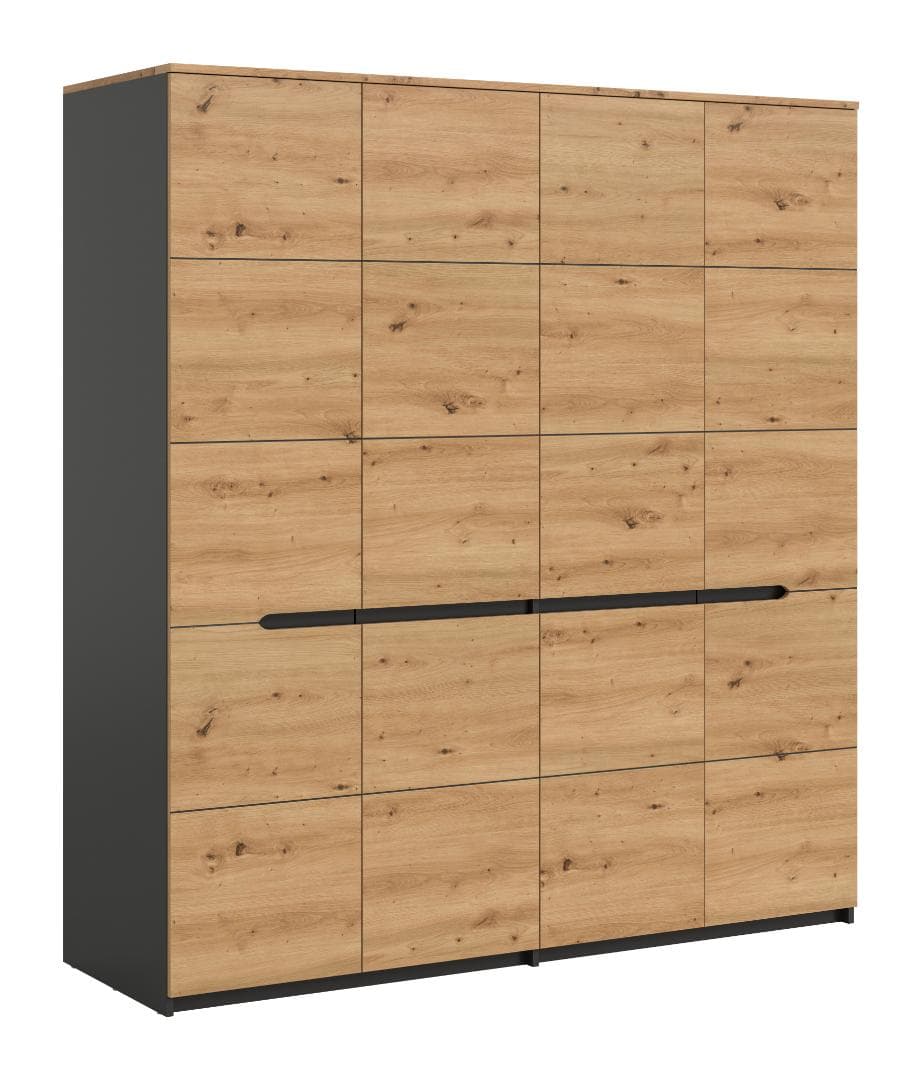 Canu Kleiderschrank 4 Türen grau, Eiche Dekor.