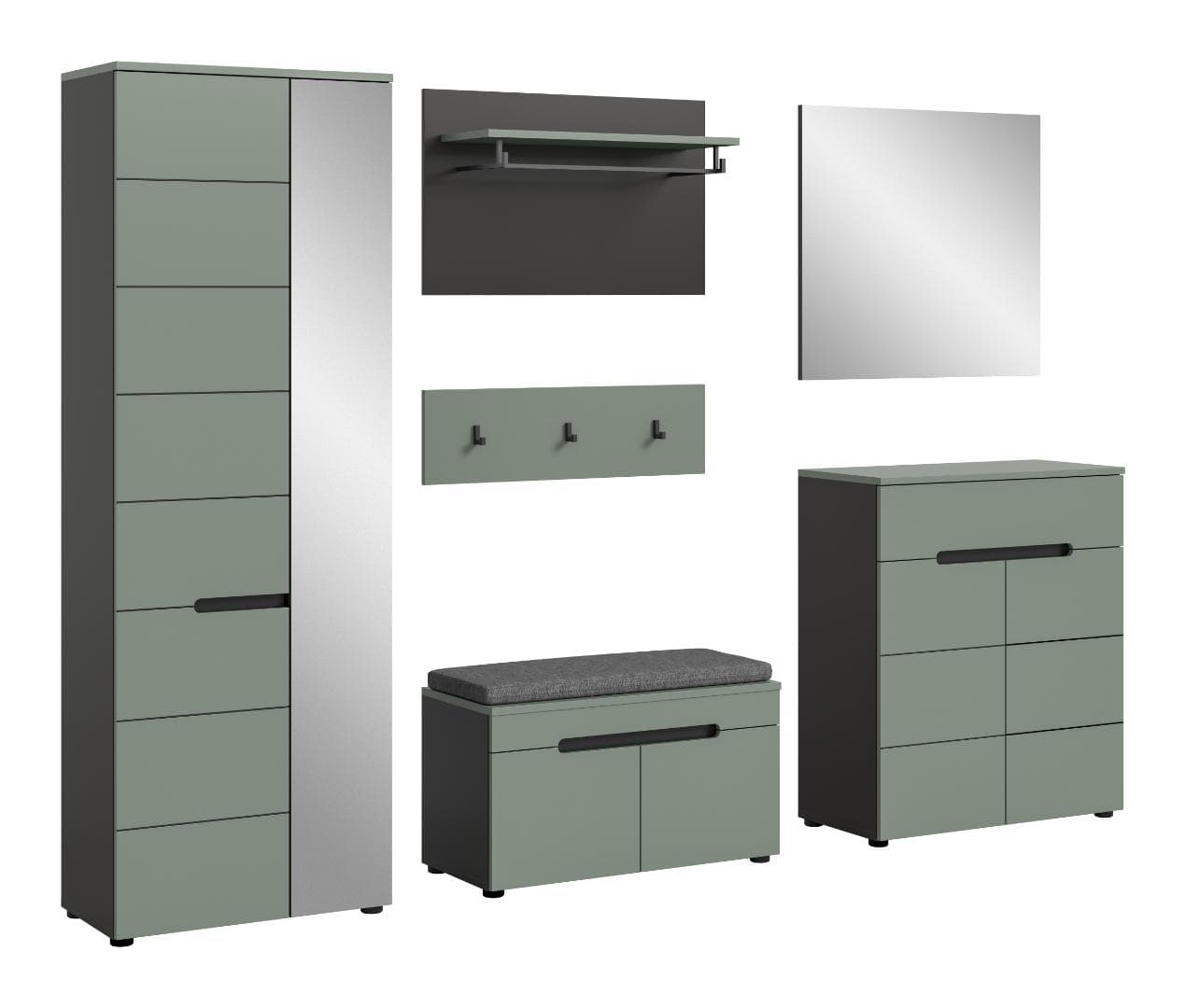 Canu Garderobenmöbel Set C2 inkl. Kissen staubgrün, dunkelgrau.