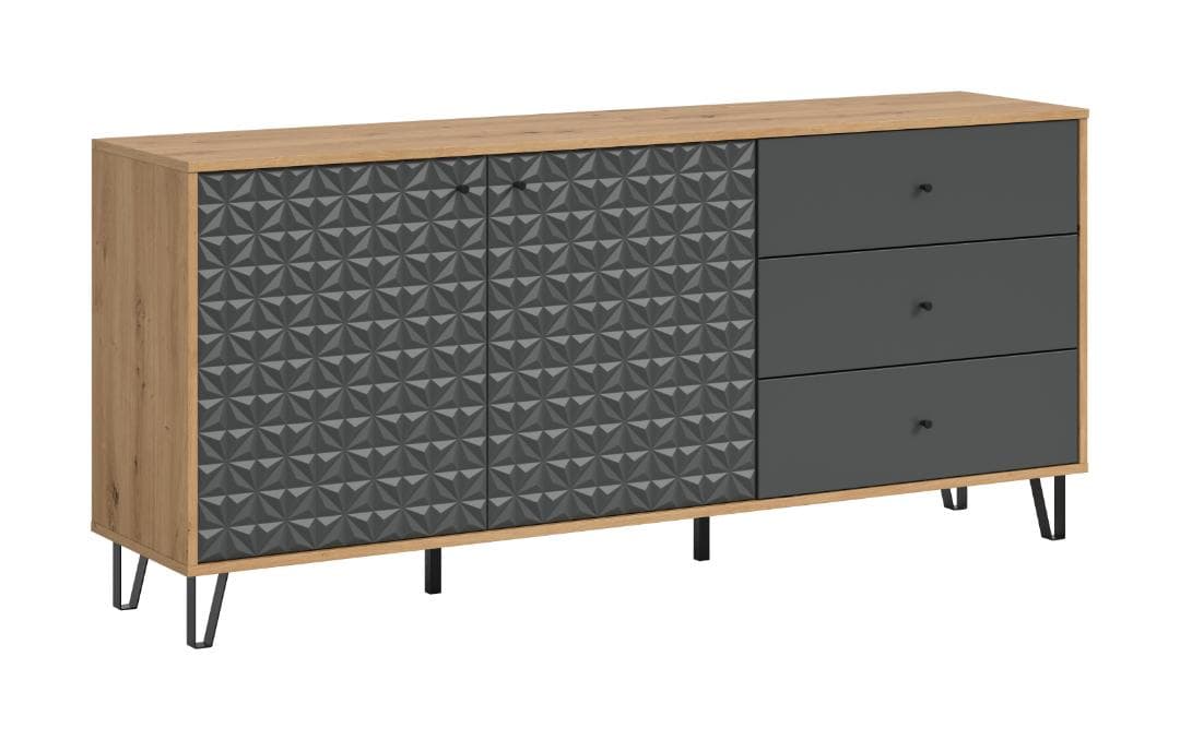Prisma Sideboard 3 Schubladen, 2 Türen Eiche Dekor, grau matt.