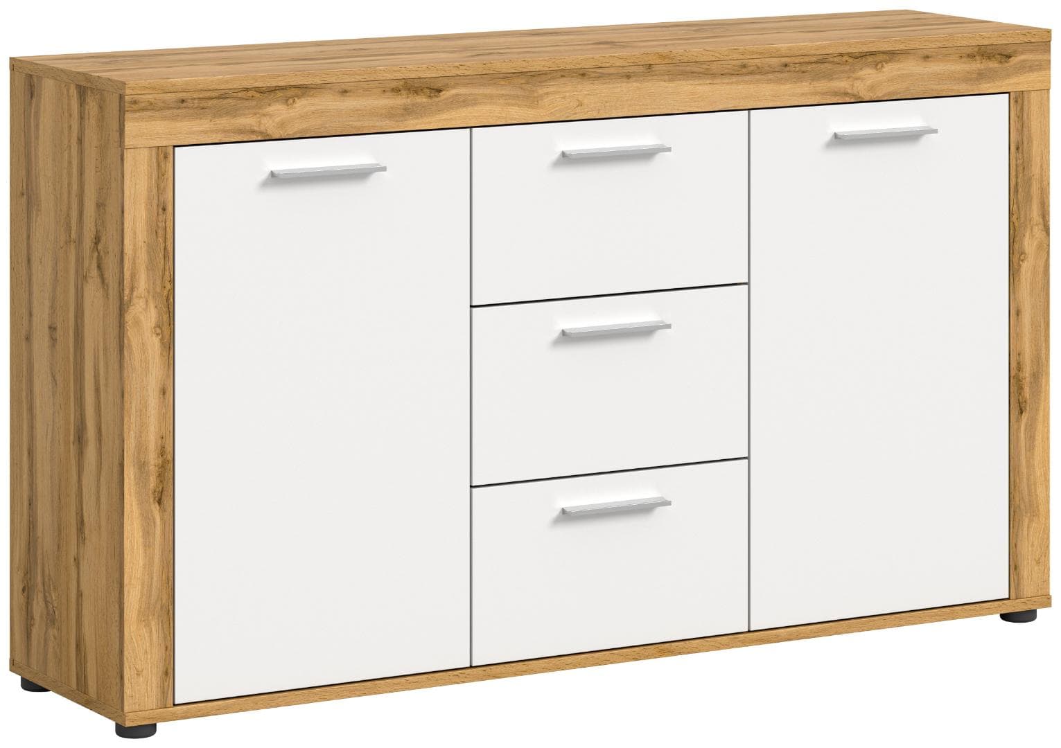 Jam Sideboard 3 Schubladen, 2 Türen Eiche Dekor, weiß.