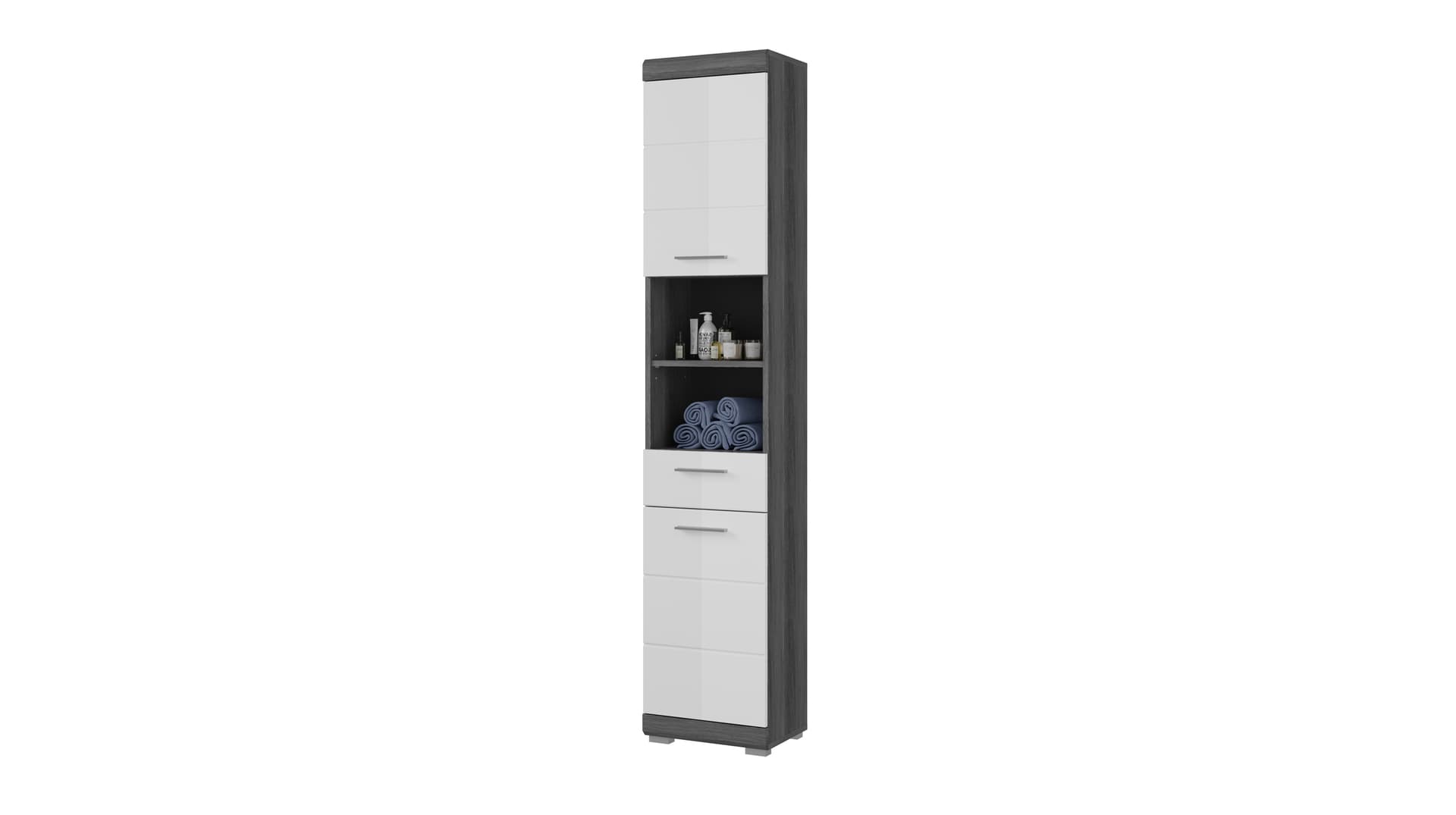 Bad Hochschrank weiß hochglanz - grau 2 Türen Breite 37 cm - SCOUT