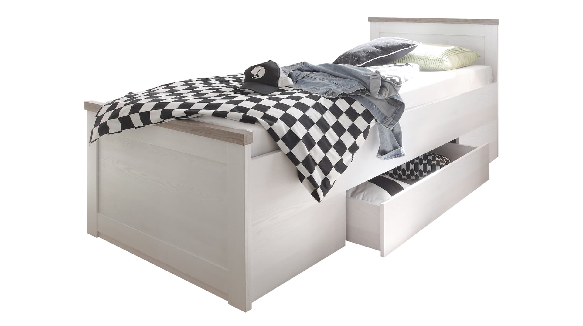Jugendbett 90 x 200 cm Pinie weiß mit Schublade - LUCA