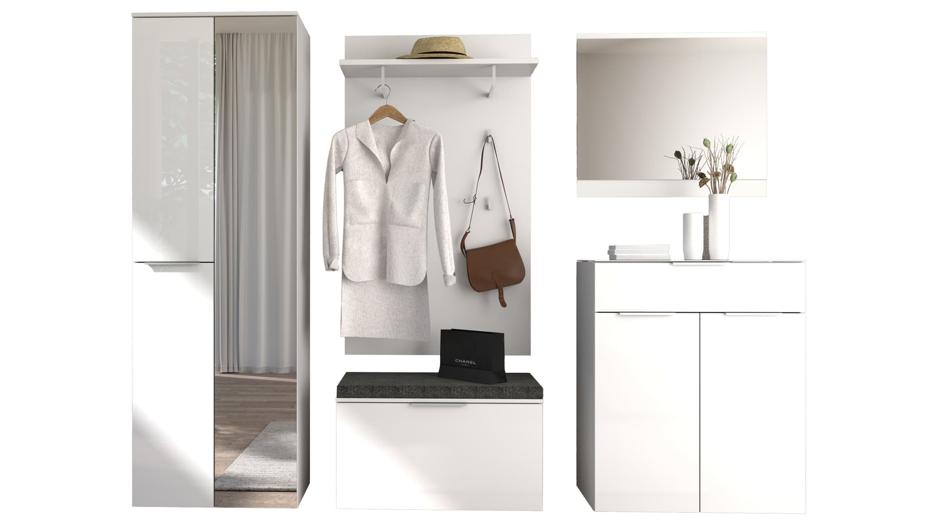Garderoben-Set weiß Glasfront 255 x 196 cm - SANTORIN