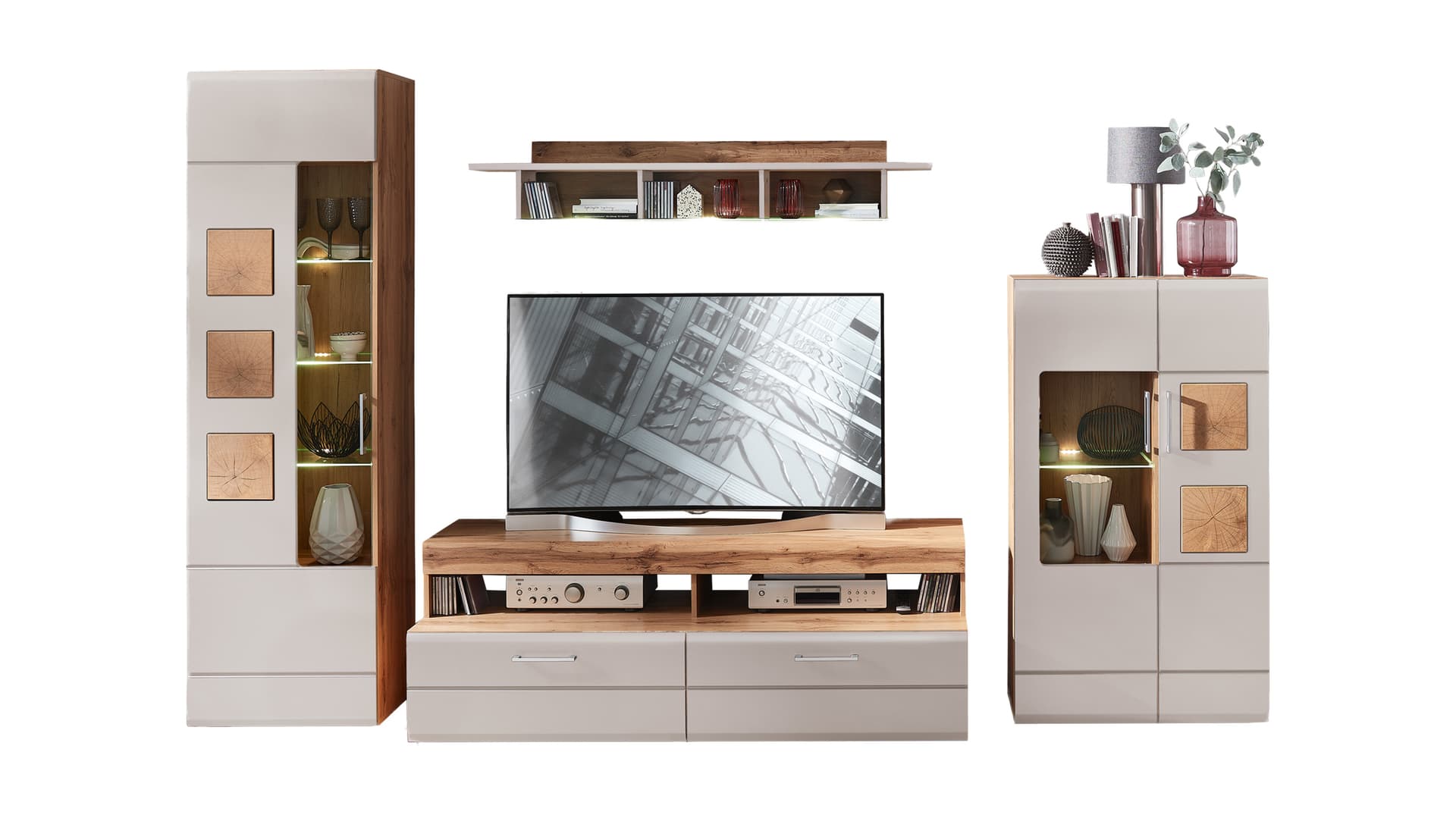 Wohnwand Beige-Kaschmir - Eiche 340 cm - LED-Beleuchtung - SINFONIE
