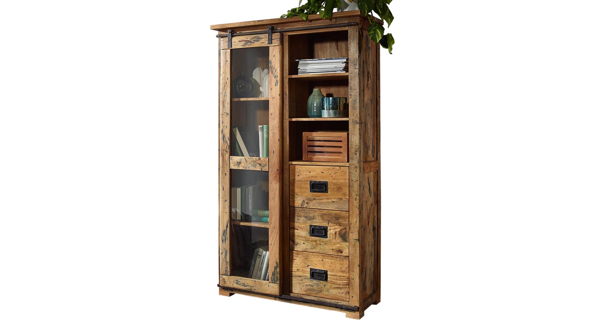 Vitrine mit Schiebetür Mango massiv Breite 100 cm - EMANUEL