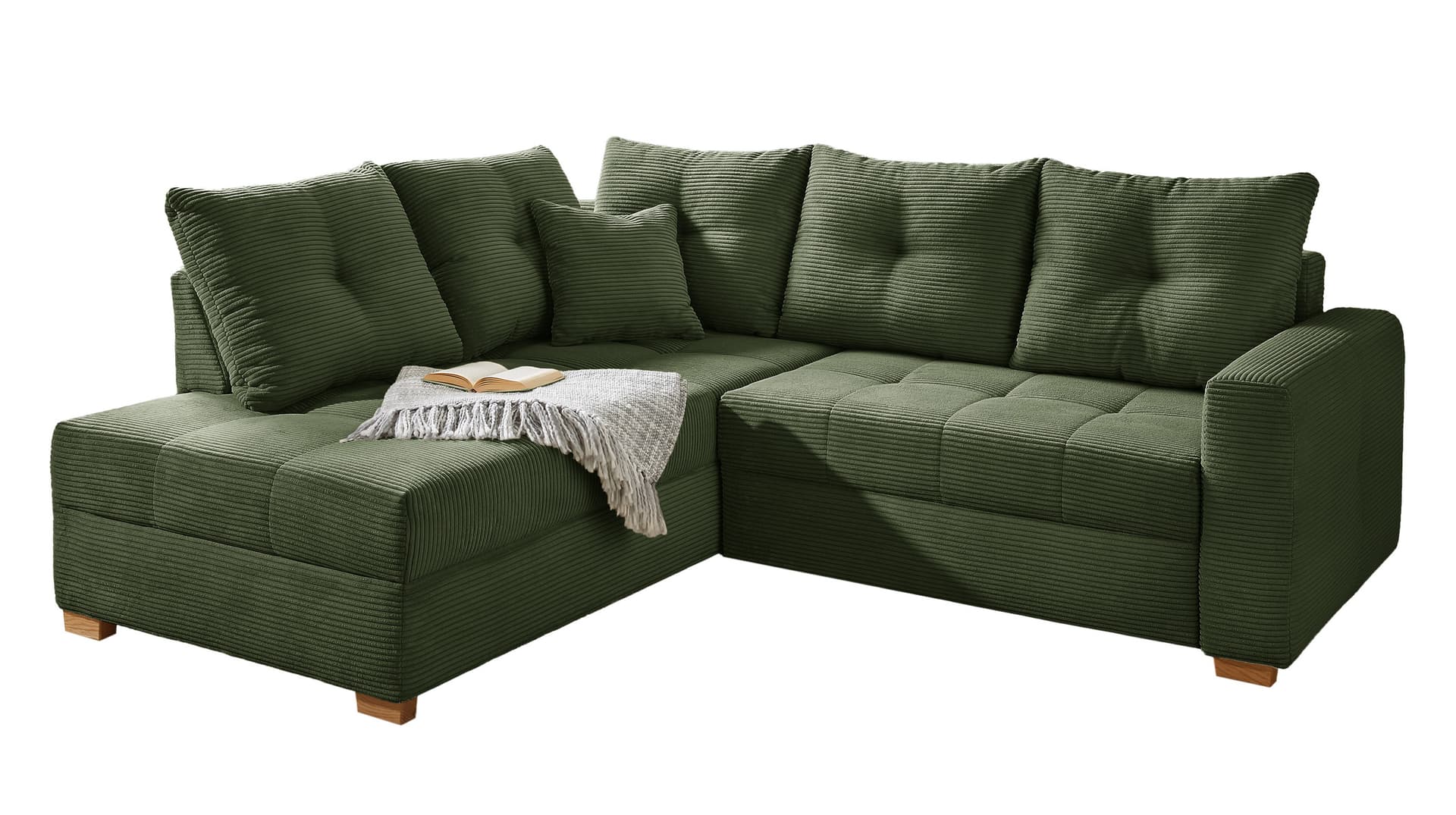 Ecksofa Cord grün 228 cm - Schlaffunktion Bettkasten - HEIDELBERG