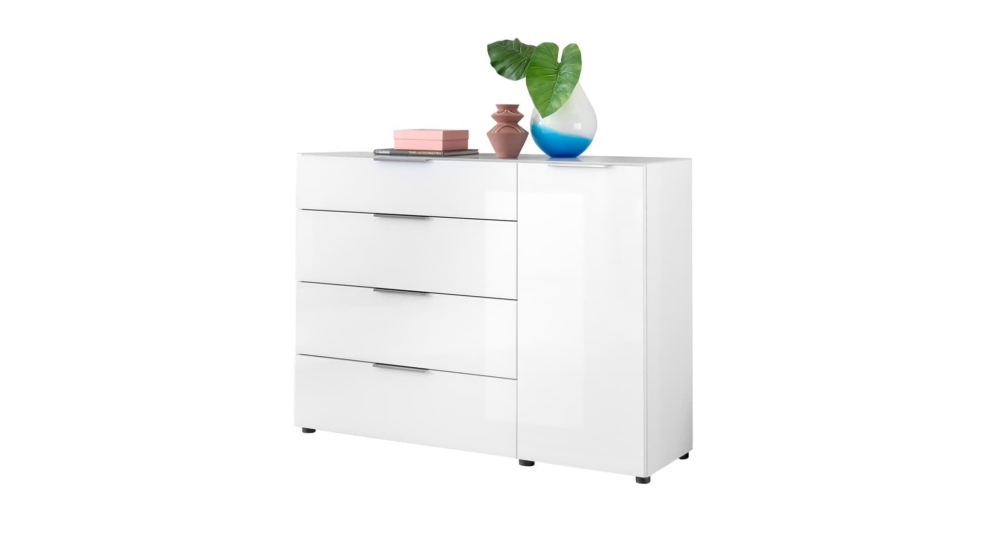 Kommode 4 Schubladen - weiß - Glasfront - 135 cm - SANTORIN